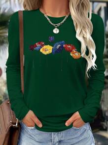 SHEIN LUNE Women's Casual Comfy Long Sleeve T-Shirt With Digital Carnation Floral Print, Suitable For Home, Leisure And Outdoor Wear, Spring/Summer - Green - View 1