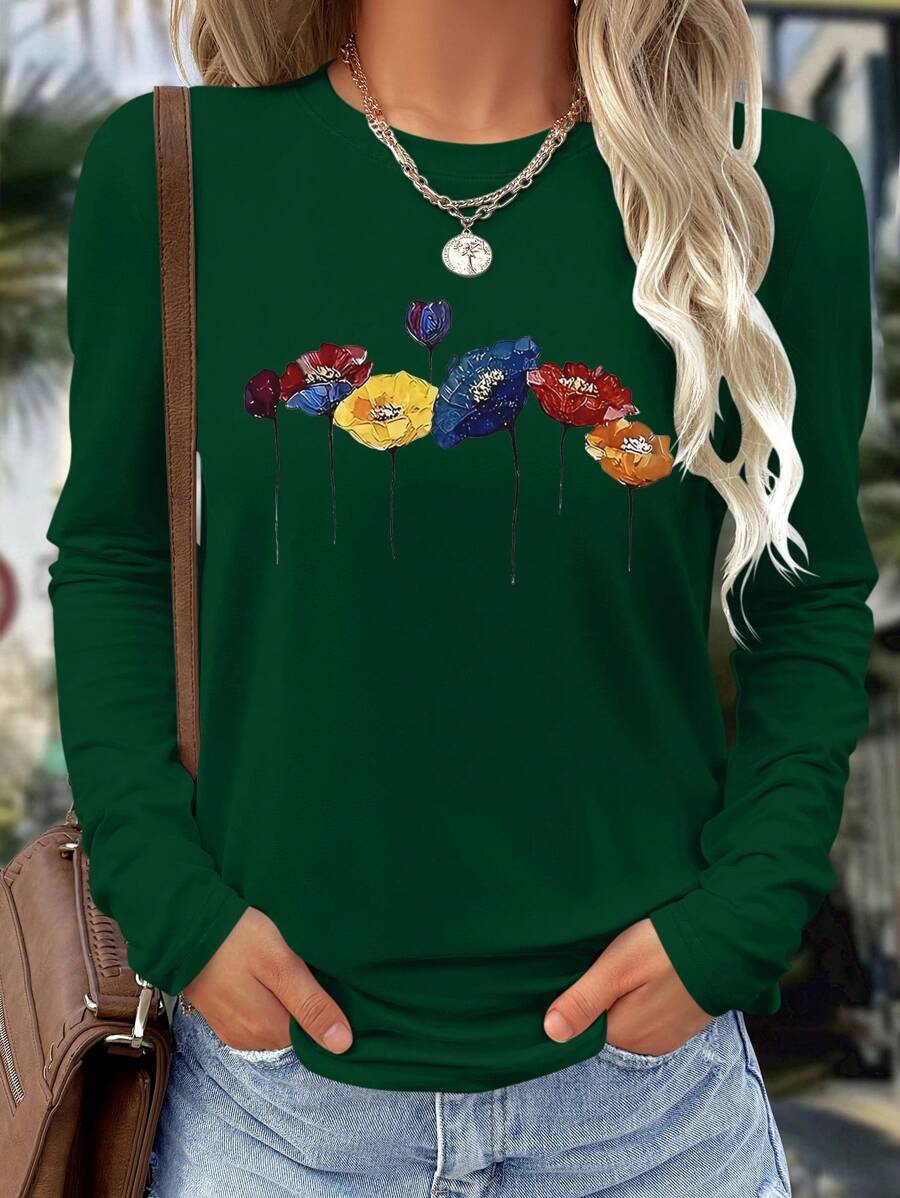 SHEIN LUNE Women's Casual Comfy Long Sleeve T-Shirt With Digital Carnation Floral Print, Suitable For Home, Leisure And Outdoor Wear, Spring/Summer - Green - View 1