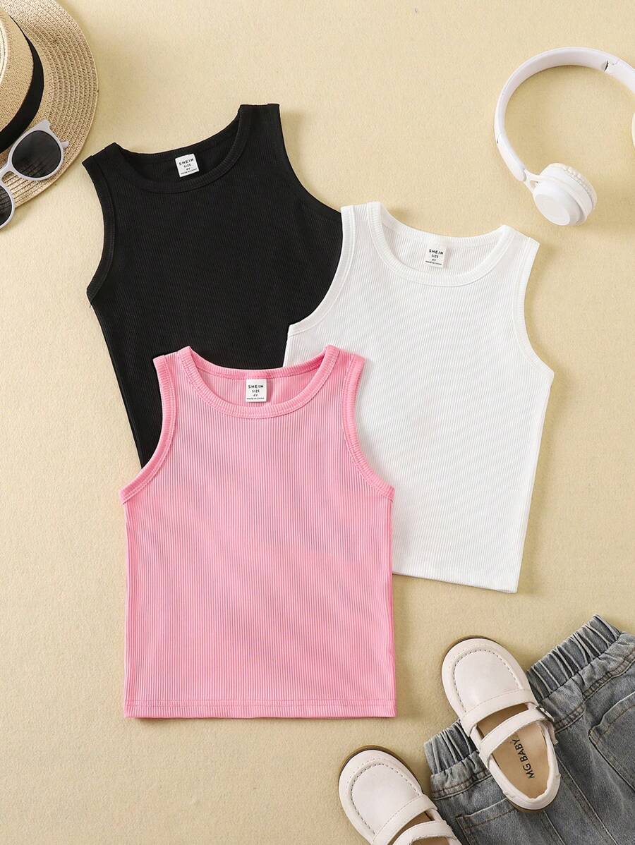 SHEIN 3pcs Young Girl Simple Fashion Versatile Round Neck Casual Tank Tops, Summer,Holiday,Summer,Travel, School, Campus, College - Multicolor - View 1