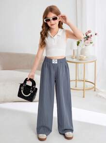 SHEIN Leap Crew Tween Girl 休闲条纹直筒裤 - 灰色 - 查看 7