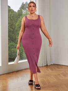 SHEIN Essnce 大码女式方领纽扣装饰下摆开叉条纹纹理吊带背心连衣裙