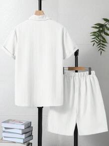 Conjunto de 2 piezas para adolescente: Camisa de manga corta y pantalón corto de unicolor informal, para verano, vacaciones y viajes