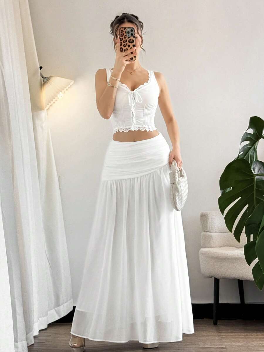 Firerie Women's Elegant Minimalist White Chiffon Asymmetric Zipper Pleated A-Line Long Skirt, Suitable For Beach, Vacation, Commute And Daily Wear - White - View 1