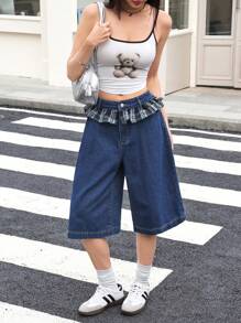 SHEIN EZwear Women Waist Splicing Plaid Ruffle Hem Wide Leg 3/4 Length Cropped Jeans - Dark Wash - View 3