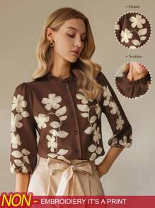 SHEIN Clasi Camicia elegante da donna con maniche a lanterna e stampa floreale, adatta per l'estate - Multicolore - Visualizzare 4