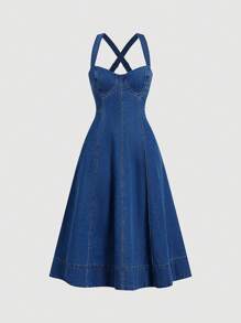 SHEIN MOD MOD 女式牛仔吊带背心连衣裙，休闲修身中长款蓝色，女士度假装，浪漫连衣裙，90 年代服装，女士春季连衣裙，毕业礼服，女士音乐会服装，圣帕特里克节连衣裙，老钱风格女士，乡村音乐会服装，女士复古连衣裙，单身女郎服装 - 深色水洗藍 - 查看 3