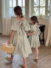 SHEIN LMoss Kids Tween 女童纯色方领主教袖修身休闲连衣裙