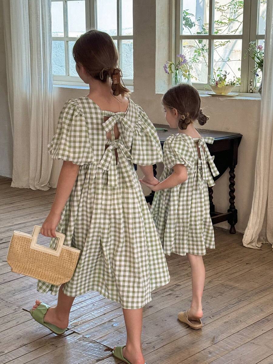 SHEIN LMoss Kids Tween 女童纯色方领主教袖修身休闲连衣裙