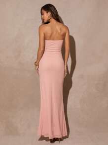 Silquee Vestido de sirena maxi strapless de unicolor elegante y calado para mujer - Rosa - Ver 2