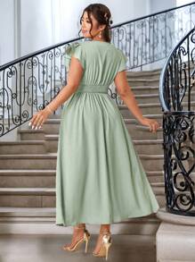 Allurite Plus Size V-Neck Ruffle Sleeve Open Slit Front Tie Solid Color Casual Dress Wedding Day Wedding Guest Wedding - Mint Green - View 2