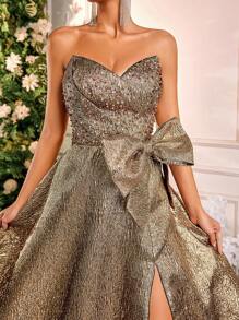 Glamrae Elegant Gold Satin Jacquard Asymmetric Bustier Dress, Detachable Bow, Luxury A-Line With High Slit And Adjustable Tie Back, Formal Gown, Party Dress, Wedding Guest Dress, Evening Dress - Champagne - View 4