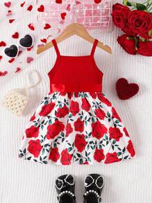 SHEIN Vestido de tirantes informal y adorable para niñas bebé con estampado de corazón acanalado rojo y dobladillo con volantes, verano - Rojo - Ver 2