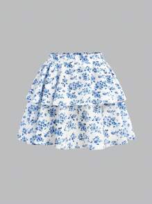 SHEIN Girlism Teenager Mädchen Landurlaub Blau und Weiß florales Puffärmel Set mit Herzausschnitt, gerüschter Vorderseite mit Schleife und geschichteter Lotusblatt Rock, zweiteiliges Set, geeignet für Frühling und Sommer, modisch für Herbst und Winter als Innenwäsche, Muster für Urlaubszeit, süß und niedlich