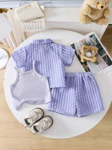 3pcs/Set Baby Girls' Light Blue Summer Casual Vacation Outfit,Transparent Shacket,Tank Top And Shorts,Spring Clothes For 0-3 Years Old Girl Outfits - Purple - View 2