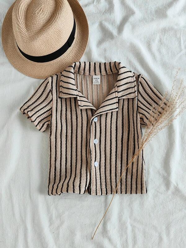 SHEIN Vintaside Kids Baby Boy Striped Lapel Neck Short Sleeve Single-Breasted Casual Shirt, Suitable For Daily Wear And School
