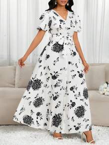 SHEIN Lady Wiosenne i letnie eleganckie sukienki dla kobiet Letnia sukienka Suknia dla gości weselnych Kobiety Wakacyjne ślubne letnie sukienki dla kobiet Sukienki urodzinowe dla kobiet Białe sukienki dla kobiet Letnie stroje dla kobiet Wakacyjne stroje Kobieta Czarno-biały kwiatowy wzór Bufiaste rękawy Koronkowe wzory Sukienki - Czarne i Białe - Zobacz 4