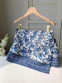 Comfortcana 女士花卉印花不对称下摆短裙，度假风格