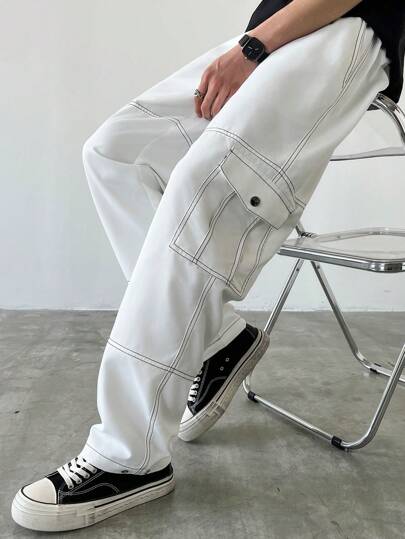 Claim Dot 秋季男士黑色拼布撞色工装裤