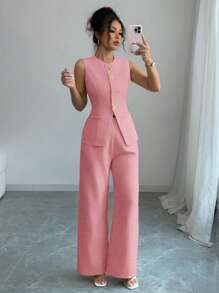 Selianne Women's Elegant French Style Vacation Casual-Formal Gold Flower Button Suit - Pink - View 5