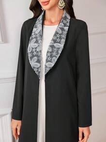 Al Najma 女士花卉网眼披肩领长袖阿拉伯和服外套、朴素长袍、阿巴雅 - 黑色 - 查看 1