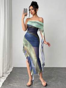 Chiquease Ombre Print One Shoulder Ruched Ruffle Trim Dress Maxi Women Outfit - Light Wash - View 5