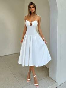 Aloruh Women's Elegant French Style Solid Color Slim Fit Waist Cinched Spaghetti Strap Midi Dress, Suitable For Vacation Women White Dress Women Summer Dress - White - View 4