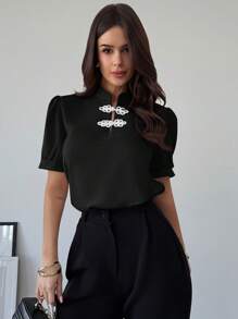 Firerie New Romantic Puff Sleeve Color Blocking Button Front Blouse, Elegant For Ladies On Valentine's Day, Spring/Summer