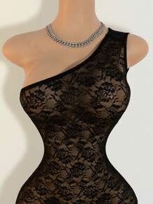 Mistrie Ladies' Spring/Summer Sexy Perspective Lace Music Festival One Shoulder Tight Jumpsuit - Black - View 5