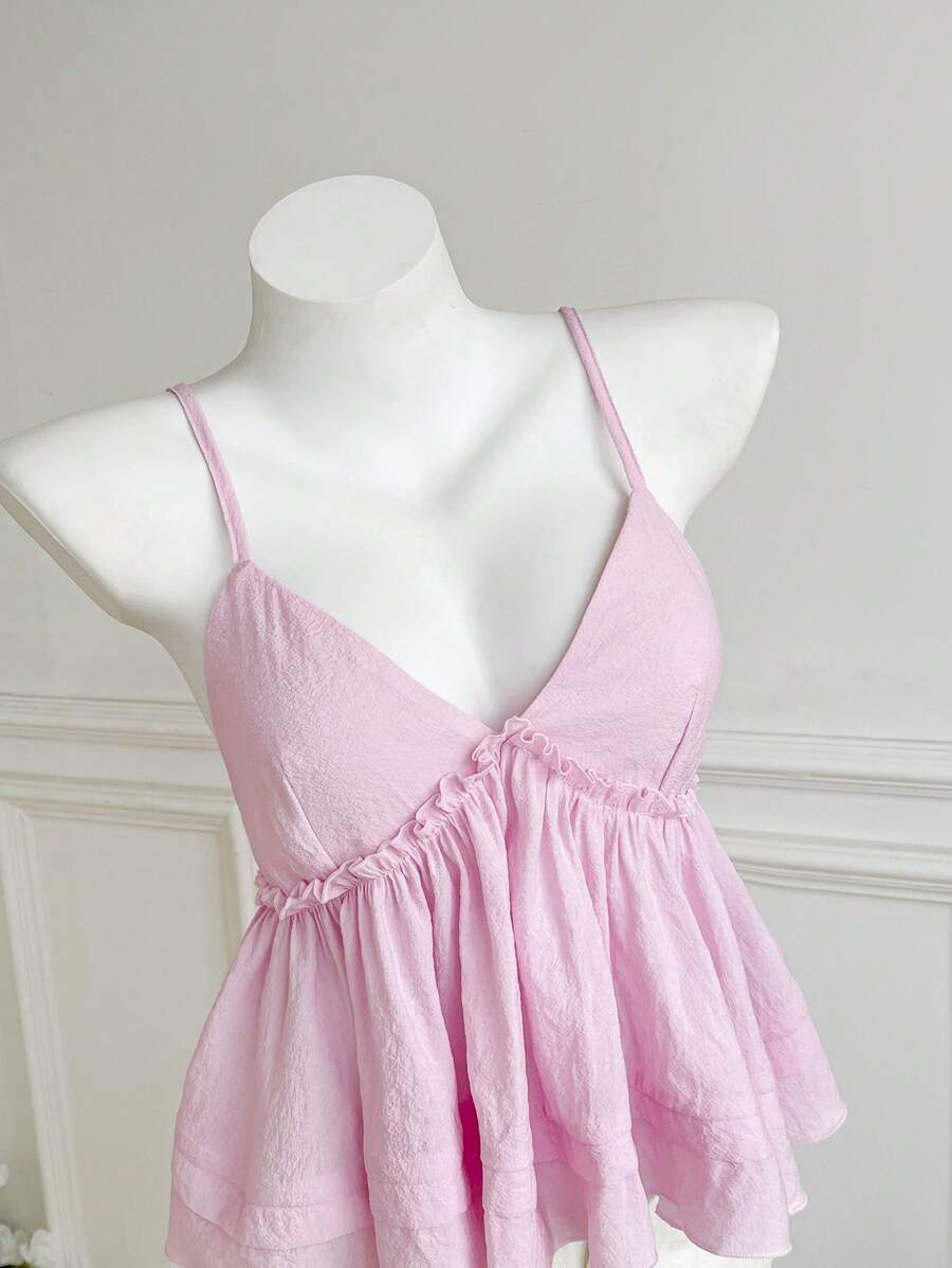 Elamini Women's Summer Casual Solid Color Frill Strap - Pink - View 1