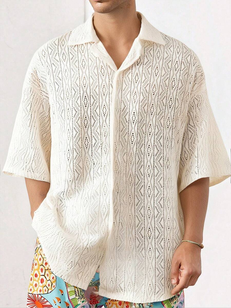 Manfinity VCAY Camisa de playa informal, ligera y básica para hombres, con estampado hawaiano tejido, de manga corta y sobredimensionada, para vacaciones en la playa - Caqui - Ver 1