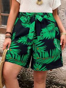 EMERY ROSE Plus Size Women's Tropical Plant Printed Loose Shorts With Pockets, Great For Vacations And Western Wear Women - Green - View 5