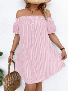 SHEIN LUNE Plus Size Women Off Shoulder Striped Button Design Loose Vacation Dress - Pink - View 4