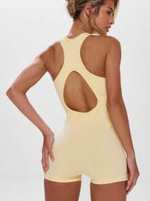 Musera Sport Round Neck Cut Out Back Zip Through Seamless Unitard, Active, Workout, Gym, Padel, Tennis, Pickleball Gym Fitness - Yellow - View 3