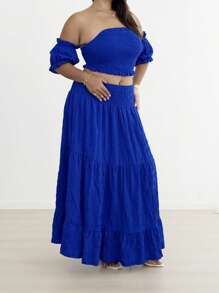 Flirla Plus Size Casual Vacation Frill Hem Crop Top + High Waist Slit Midi Skirt 2 Pieces Set - Royal Blue - View 4