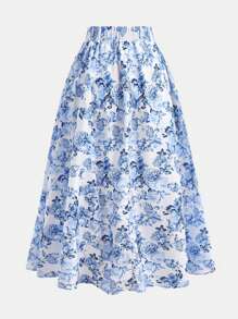 Girlism 少女蓝白编织露背吊带优雅印花上衣长裙两件套，适合春夏季节、节日庆典、度假旅行。