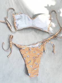 SHEIN Swim Bikini a bretelle con stampa a quadri e di animali, in stile girly
