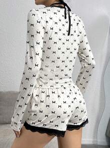 SHEIN 女士两件套睡衣套装，撞色蕾丝拼接，蝴蝶结装饰 - 彩色 - 查看 2