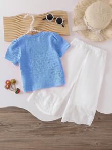 Girls Ruffle Design Short Sleeve Top And Pants Set - Blue - View 3