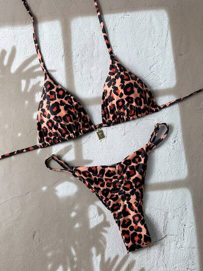 Swim Vcay Beach Summer Outfits For Women, Leopard Print Random Pattern Spaghetti Strap Metal Decor Sexy Bikini Set