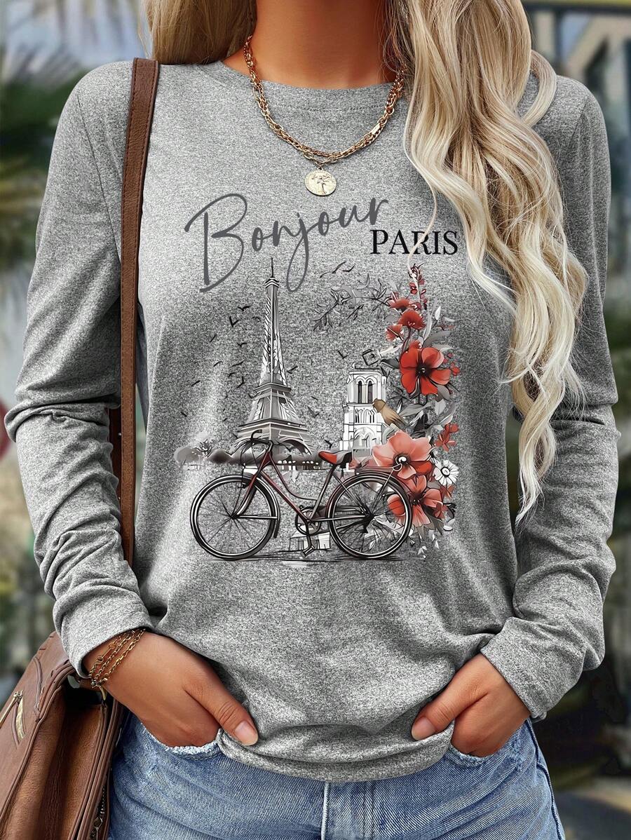 SHEIN LUNE Women's Romantic Paris Themed Digital Print Long Sleeve Casual T-Shirt, Comfortable And Versatile For Home Or Outdoor, Spring/Summer Fall Cloth For Women - Light Grey - View 1