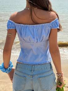 Jouncy Top à une épaule en tartan, à volant, à simple boutonnage pour femmes