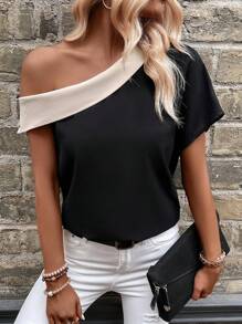 SHEIN Clasi Colorblock Asymmetrical Neck Batwing Sleeve Blouse One Shoulder Top - Black - View 6