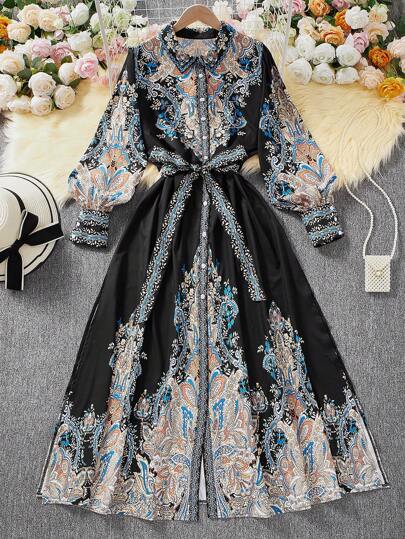 DreamSkyne 大码复古宫廷风花卉印花长袖收腰高低连衣裙，立领单排扣