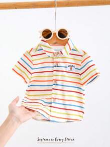 Cozy Pixies Baby Boy Colorful Striped Lapel Short Sleeve Cardigan, Casual & Versatile - Multicolor - View 3
