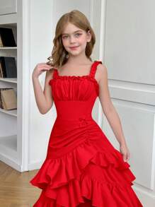 SHEIN Đầm thanh lịch xếp ly ngực nhiều lớp không đối xứng nhún bèo eo cho bé gái tuổi mới lớn, Đầm tiên, Đi chơi mùa xuân - Đỏ - Xem 4