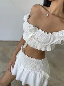 Aloruh 2 Pieces Set: Women's Sweet Pastoral Puff Sleeve Cake Dress For Spring/Summer Vacation White - White - View 5