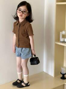 Dazy Kids 少女领针织短袖 T 恤，夏季 - 棕色 - 查看 2