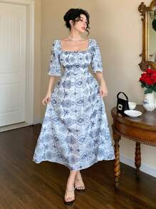 DAZY Elegant Boho Retro Style Blue & White Porcelain Floral Off Shoulder Midi Dress For Women, Summer Vacation Outfits Women - Blue - View 2