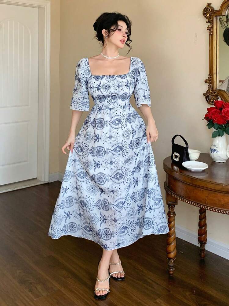 Elegant Boho Retro Style Blue & White Porcelain Floral Off Shoulder Midi Dress For Women, Summer