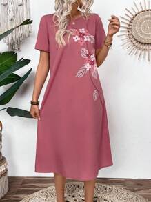 EMERY ROSE 女式夏季休闲图案印花短袖中长连衣裙 - 乾枯玫瑰色 - 查看 3